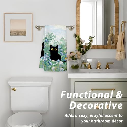 Black Cat Blue Flower Kitchen Towels, Decor - Image 4