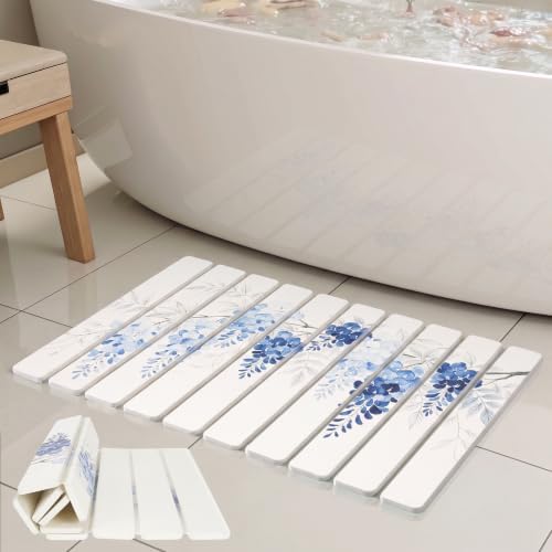 Blue Wisteria Foldable Stone Bath Mat, Absorbent Stone Bathroom Shower Mat by INFISIBLE