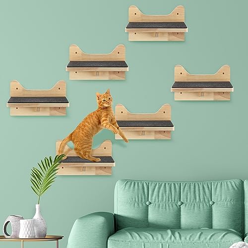 Lenwen 6 Set Cat Wall Shelves, Wood Cat Climbing Step, Wall Mounted by Lenwen