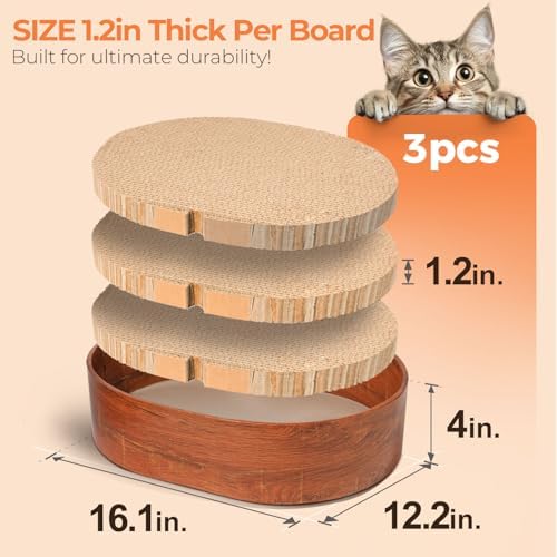 Oval Cat Scratcher Bed 16 in, 3 Reversible Cardboard Scratch Pads - Image 2