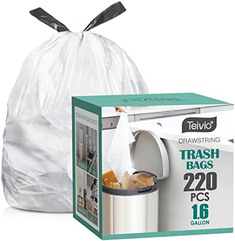 1.6 Gallon Small 220 Counts Strong Drawstring Trash Bags Garbage Bags by Teivio by Teivio