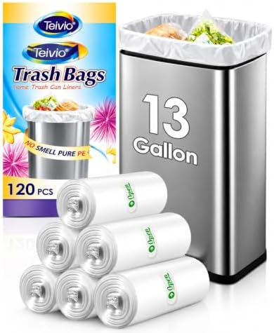 Teivio Tall Kitchen Clear Trash Bags 13 Gallon 120 Count Garbage Bags by Teivio