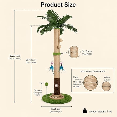 Cat Scratching Post for Indoor Cat Adult, 35 Inch Tall Tree Scratching Post - Image 3