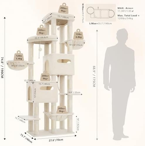 Heybly Cat Tree, 74.8-Inch Spacious & Tall Cat Tower - Image 5