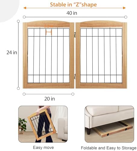 LZRS 2-Panel Freestanding Foldable Wood Dog Gate – Solid Wood & Steel Wire - Image 5