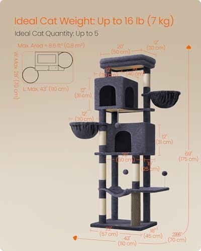 Feandrea Cat Tree, 69-in Large Cat Tower, Dark Gray - Image 5