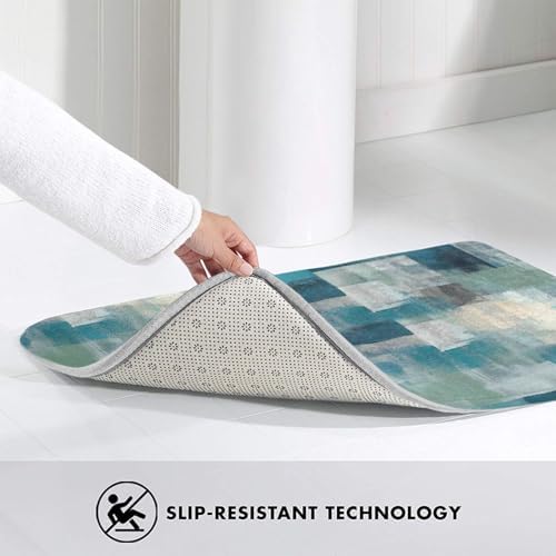 Abstract Turquoise Grey Geometric Bath Mat Non-Slip Soft Microfiber Bathroom - Image 4