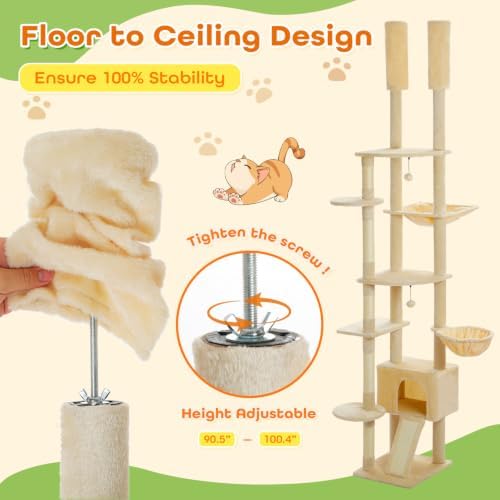 PEQULTI Floor to Ceiling Cat Tree, Height Adjustable 90.5-100.4'' - Image 4