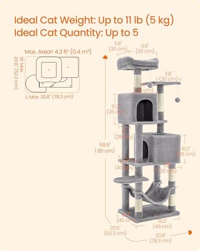 Feandrea Cat Tree, 59.5-Inch Tall Cat Tower, Light Gray - Image 5