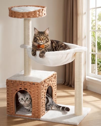34" Modern Cat Tree with Large Hammock, Extra-Long Scratching Post by KinoTail