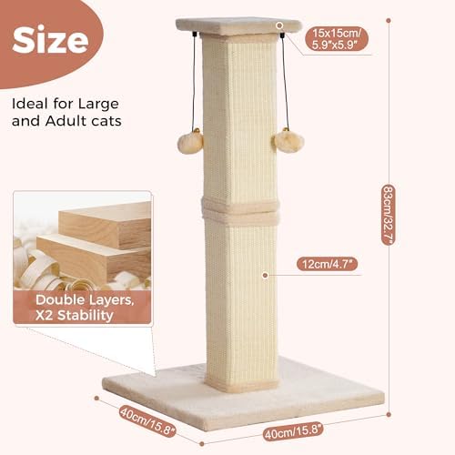 Tall Cat Scratching Post 33”Heavy Duty Sisal Scratcher Post Beige - Image 2