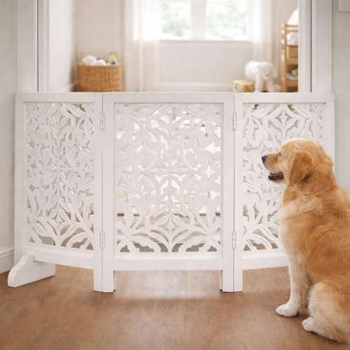 Wooden Dog Gate 54x24, 3 Panel Foldable Pet Gate, Indoor White - Image 3