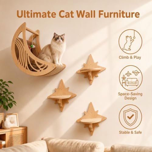 Moon & Star Cat Wall Shelves, Cat Wall Furniture, Indoor Cat Tree Set - Image 2