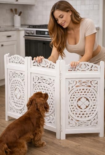 Freestanding Dog Gate 56W x 28H, 4 Panel Foldable Wooden Pet Barrier - Image 2