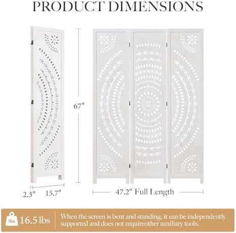 66.9Inch Folding Room Divider, 3 Panels Wood Carved Privacy Screens, Free - Image 6