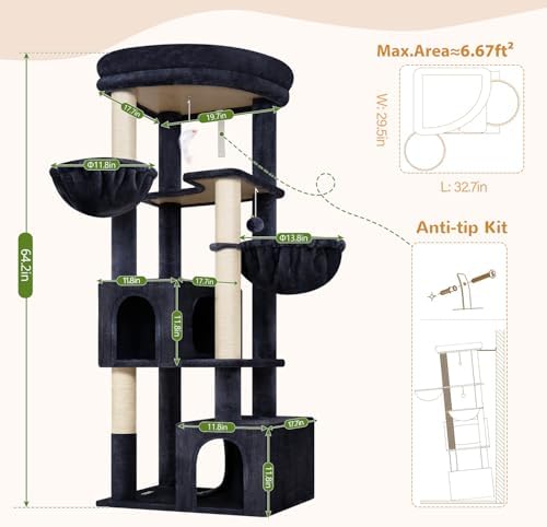 Globlazer C64 Heavy Duty Corner Cat Tree, 64in Large Cat Tower, Dark Grey - Image 6