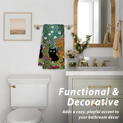 Black Cat Kitchen Towels, Cats Flower Decor - Image 4