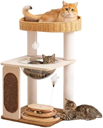 31.8" Cat Tree Tower, Acrylic Bowl, Woven Bed & Sisal Board by PETTIFULCATTREE