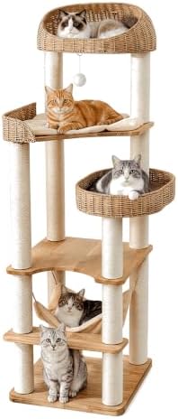 62in Wood Cat Tree for Large Cats, Heavy Duty Tall Cat Tower by Unknown
