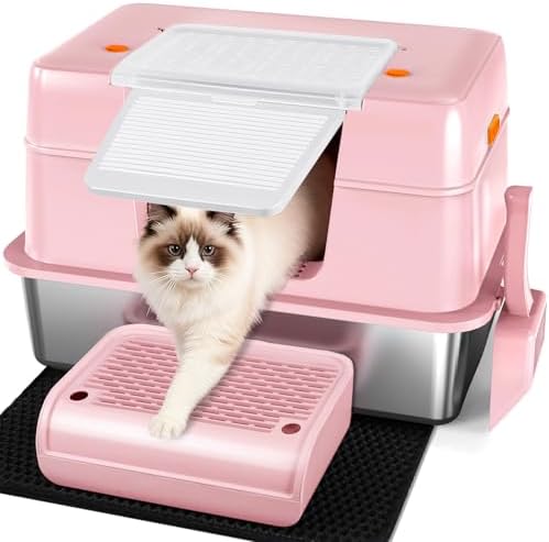 Vivifying Pink Stainless Steel Covered Cat Litter Box – Odor-Control, by Vivifying