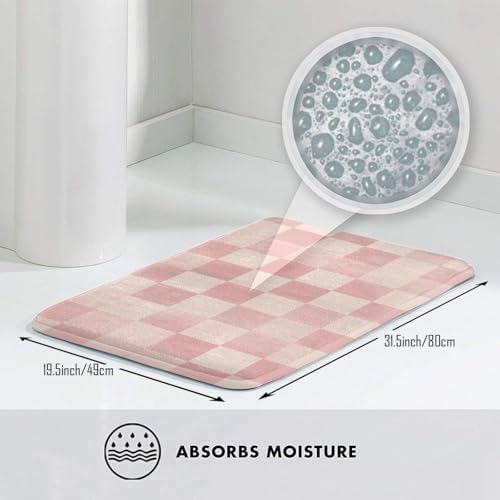Pink Checkered Bath Mat Non-Slip Soft Microfiber Bathroom Rugs Washable Bathmat - Image 5