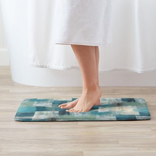 Abstract Turquoise Grey Geometric Bath Mat Non-Slip Soft Microfiber Bathroom - Image 2
