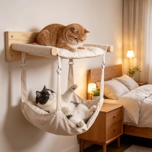 Beige Wall Mounted Cat Double Hammock & 3 Steps, Pine Climbing Shelf & Perch Set - Image 4