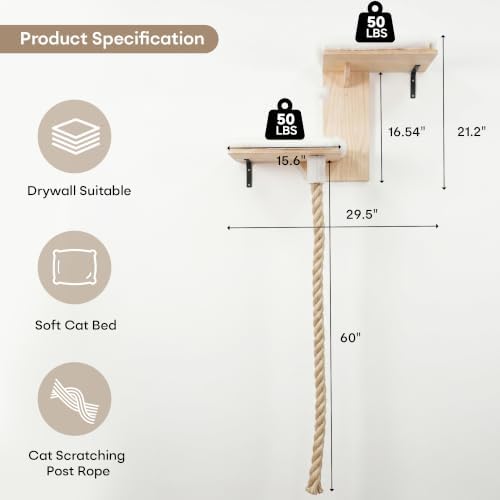 Cat Wall Shelves Set with 2 Washable Beds & 4.92FT Scratching Post - Image 2