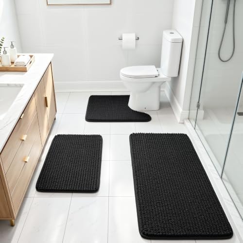 Ophanie Black Bathroom Rugs Sets 3 Piece, Soft Chenille Bath Mat, Non Slip by Ophanie