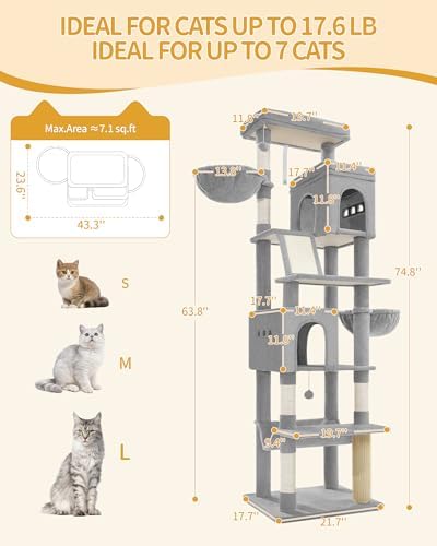 Hzuaneri Tall Cat Tree 75 Inch, Indoor Large Multi-Level Cat Tower - Image 3