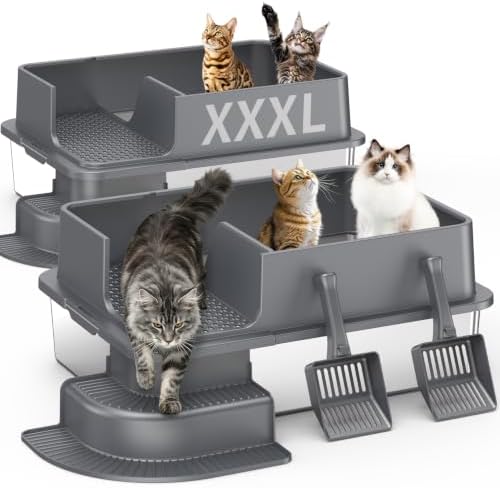 Stainless Steel Cat Litter Box – 2-Pack Extra Large Open Tray, Deep Gray by Avgooscalb