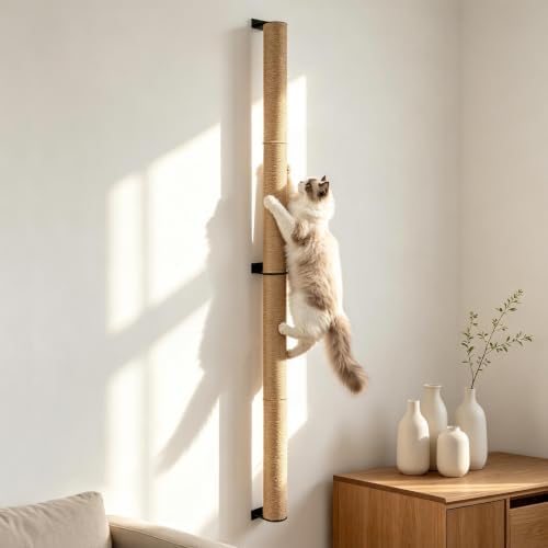 FHTONGE 63" Wall Mounted Cat Scratch Post, Adjustable Tall Jute Climb Pole by FHTONGE