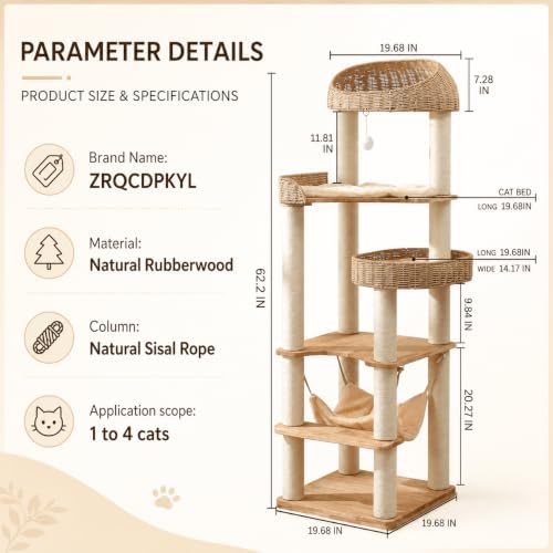 62in Wood Cat Tree for Large Cats, Heavy Duty Tall Cat Tower - Image 6