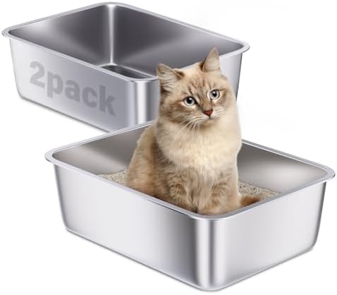 Stainless Steel Litter Box 2 Pack, Metal Cat Litter Box by Holintan