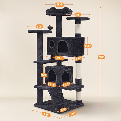 Yaheetech 54in Cat Tree Tower, 2 Caves, Kitten-Ear Perch & Scratching Posts - Image 6