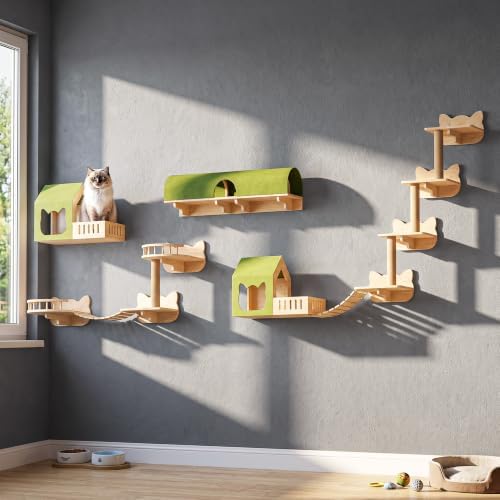 OFIKA Cat Wall Shelves, 16-Piece Solid Pine Cat Wall Furniture Set by OFIKA