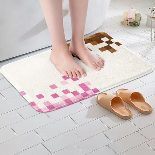 Game Pixelated Theme Bath Rug, Patchwork Grid Shaggy Absorbent Non Slip Floor - Image 2