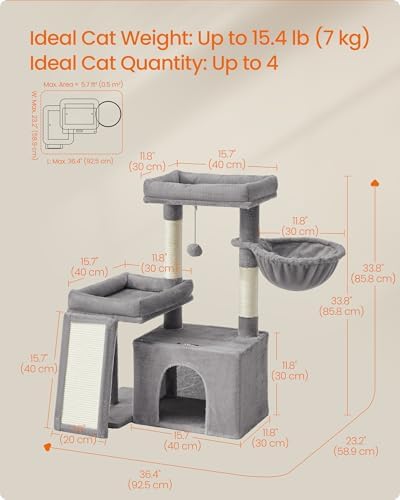 Feandrea Cat Tree, 33.8" Cat Tower, Scratching Posts and Ramp, Dove Gray - Image 5