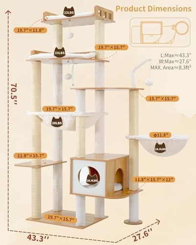 Heybly Cat Tree, 70.5" Wood Tall Cat Tower - Image 4