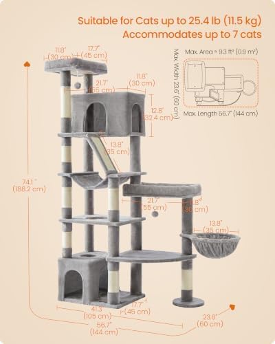 Feandrea Large Cat Tree, 74.1" Tall Sturdy Cat Tower - Image 6