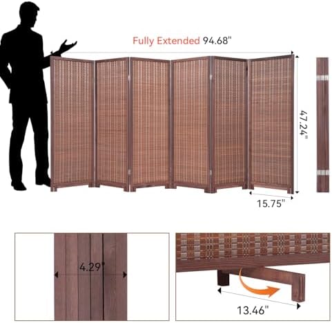 Bamboo Room Divider 6 Panel 47" H, 360°Rotating Feet Privacy Screen - Image 3