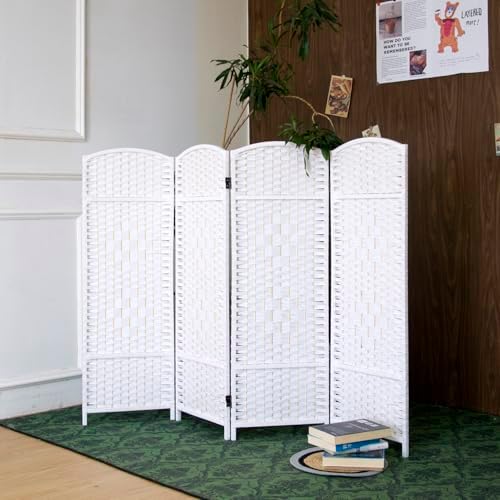 4-Panel Short Room Divider, 3.9 ft Freestanding Partition Wall, Natural White by Loomveil