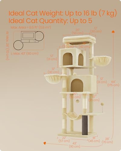 Feandrea Cat Tree, 69-in Large Cat Tower, Sand Beige - Image 5