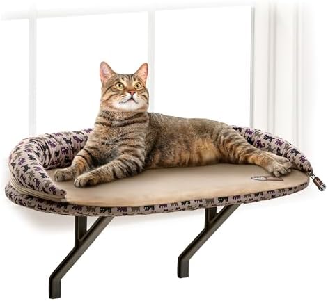 K&H Cat Window Perch, Deluxe Bolster Kitty Sill, Tan/Kitty Print by KHPetProducts