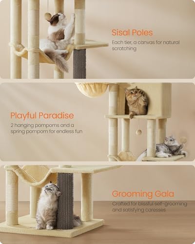 Feandrea Cat Tree, 69-in Large Cat Tower, Sand Beige - Image 6