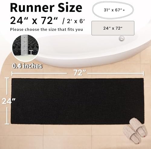 Long Black Bathroom Rug, Waffle Bath Mat Runner Non Slip, 24 x 72 - Image 2