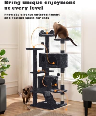 Yaheetech 54in Cat Tree Tower, 2 Caves, Kitten-Ear Perch & Scratching Posts - Image 2