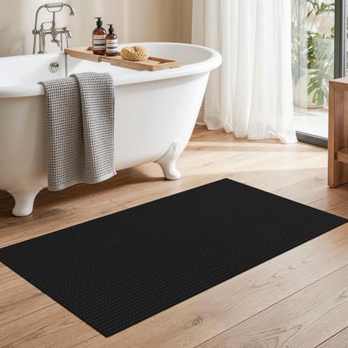 2x4 Waffle Knit Bath Mat: Super Absorbent Soft Washable Entryway Rug Black by BYYVOORugsforYourHome