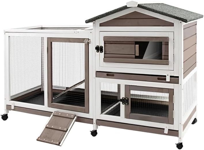 Rabbit Hutch Indoor Outdoor Two Story Bunny Hutch with Wheels Guinea Pig Cage with Removable No Leaking Tray Wooden Pet House