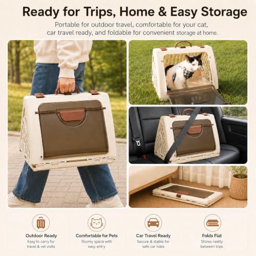 Hard-Sided Cat Carrier for Large Cats up to 16 lbs, Foldable PP Plastic Pet - Image 2